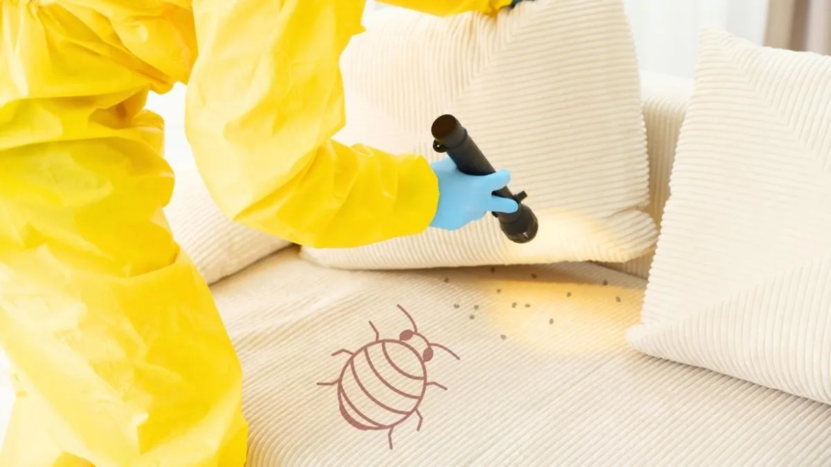 Détail rapproché d'une punaise de lit sur un drap