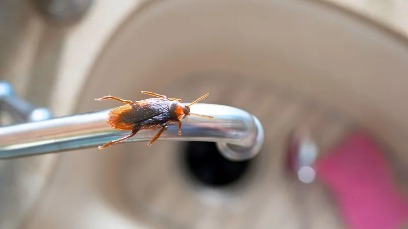 Cafard blatte germanique vu de près sur sol carrelé de cuisine