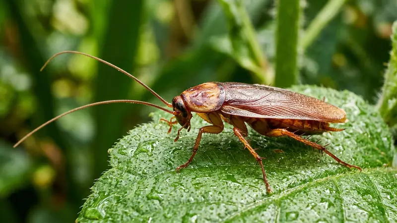 Gros plan macro d'une grande blatte américaine Periplaneta americana brun-rougeâtre posée sur une feuille tropicale verte dans un environnement humide