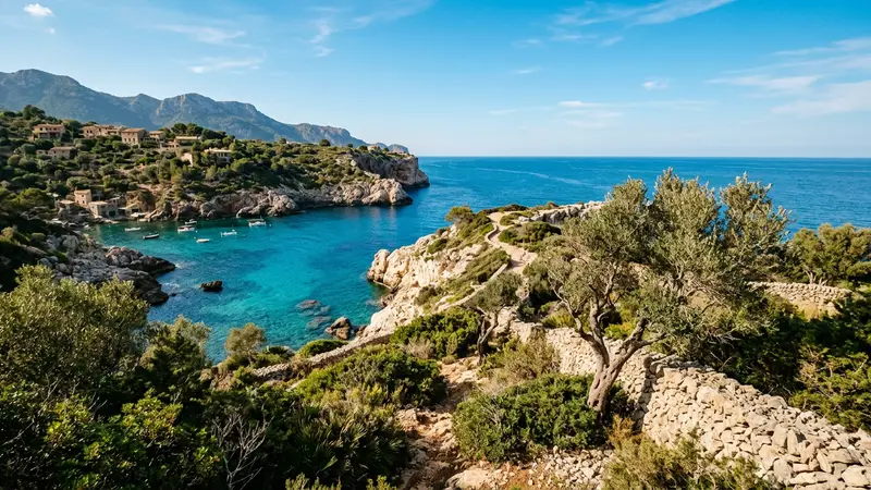 Côte rocheuse méditerranéenne typique des Baléares avec mer bleue cristalline et garrigue méditerranéenne en arrière-plan lumineux d'été