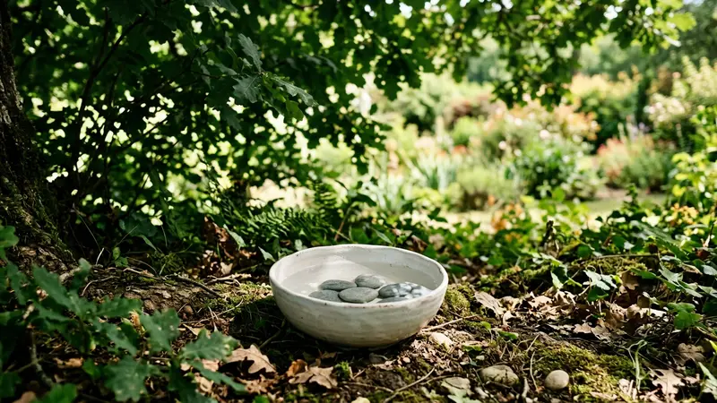 Coupelle vide propre placée à l'ombre d'un arbre dans un jardin français d'été avec lumière douce filtrant à travers le feuillage vert