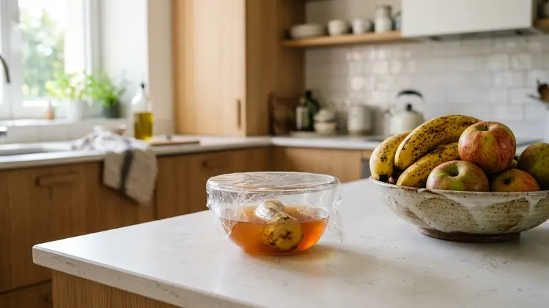 Cuisine moderne lumineuse avec corbeille de fruits et bol contenant un piège à moucherons fait maison avec vinaigre de cidre au premier plan