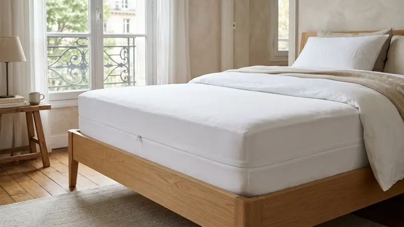 Protège-matelas blanc tendu sur un matelas dans une chambre lumineuse française avec lumière naturelle douce et tête de lit en bois clair en arrière-plan flou