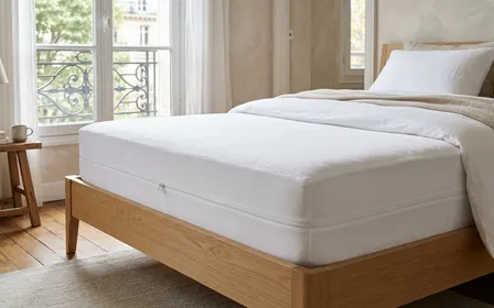 Protège-matelas blanc tendu sur un matelas dans une chambre lumineuse française avec lumière naturelle douce et tête de lit en bois clair en arrière-plan flou