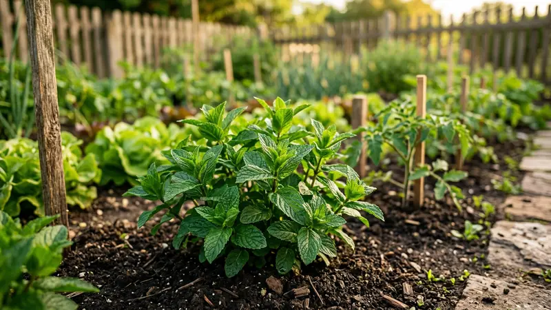 Plant de menthe poivrée verte luxuriante en pleine croissance dans un potager français avec terre brune et autres légumes verts en arrière-plan