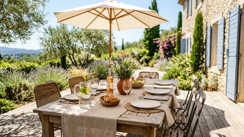 Terrasse de jardin française en bois avec table mise pour le déjeuner d'été et thermomètre indiquant une température élevée sous le soleil de juillet