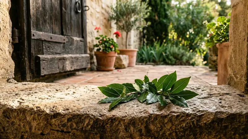 Feuilles de laurier-sauce fraîches vertes posées sur le seuil en pierre d'une porte d'entrée traditionnelle française dans la lumière chaude du matin