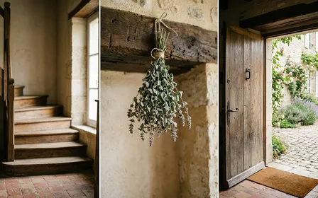 Bouquet de menthe poivrée séchée suspendu au-dessus d'une porte d'entrée en bois ancienne dans une maison française d'été avec lumière chaude naturelle