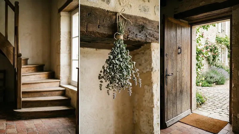 Bouquet de menthe poivrée séchée suspendu au-dessus d'une porte d'entrée en bois ancienne dans une maison française d'été avec lumière chaude naturelle