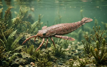 Illustration scientifique réaliste d'un grand arachnide marin fossile Jaekelopterus dans son environnement préhistorique avec eau peu profonde et plantes anciennes
