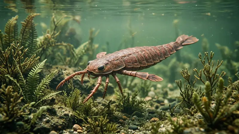 Illustration scientifique réaliste d'un grand arachnide marin fossile Jaekelopterus dans son environnement préhistorique avec eau peu profonde et plantes anciennes