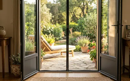 Porte d'entrée d'une maison française moderne avec une moustiquaire magnétique noire design installée sur l'encadrement et terrasse ensoleillée en arrière-plan