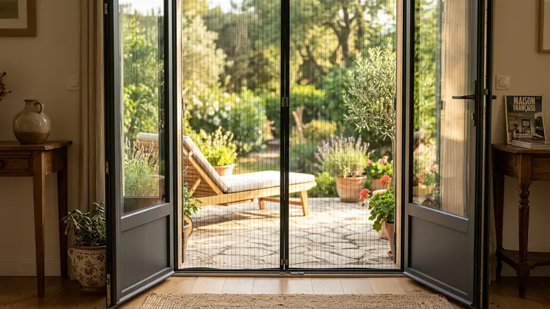 Porte d'entrée d'une maison française moderne avec une moustiquaire magnétique noire design installée sur l'encadrement et terrasse ensoleillée en arrière-plan