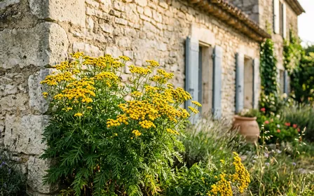 Touffe de tanaisie commune Tanacetum vulgare en fleurs jaunes plantée à l'angle d'une maison de campagne française en été avec mur en pierre