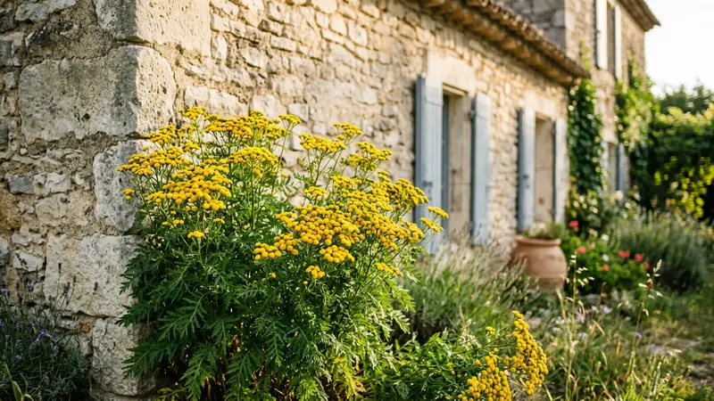 Touffe de tanaisie commune Tanacetum vulgare en fleurs jaunes plantée à l'angle d'une maison de campagne française en été avec mur en pierre