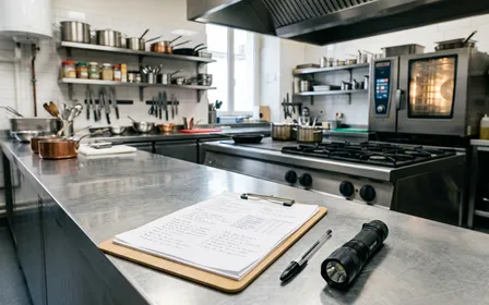 Cuisine professionnelle de restaurant français propre et inox brillant avec contrôleur sanitaire portant un clipboard et lampe torche en arrière-plan