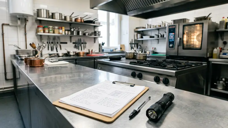 Cuisine professionnelle de restaurant français propre et inox brillant avec contrôleur sanitaire portant un clipboard et lampe torche en arrière-plan