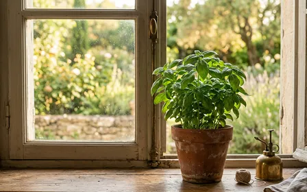 Pot de basilic vert luxuriant posé sur un rebord de fenêtre en bois ancien d'une cuisine française traditionnelle avec lumière dorée de matinée chaude