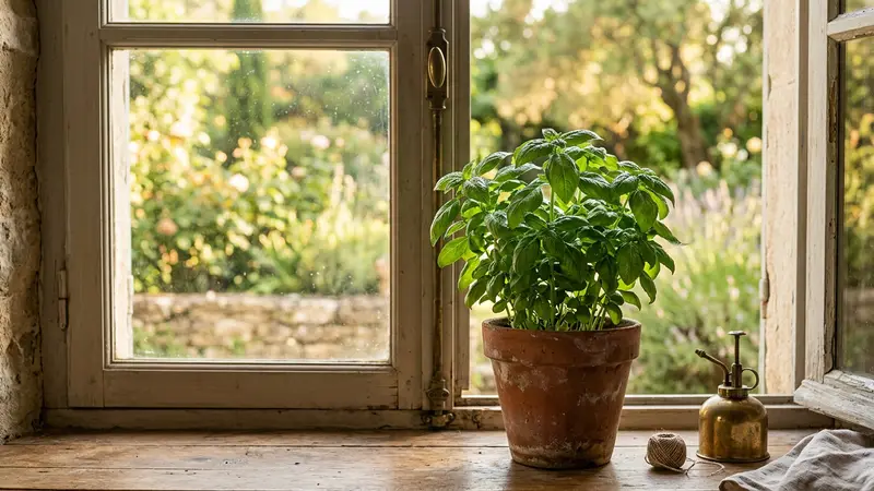 Pot de basilic vert luxuriant posé sur un rebord de fenêtre en bois ancien d'une cuisine française traditionnelle avec lumière dorée de matinée chaude