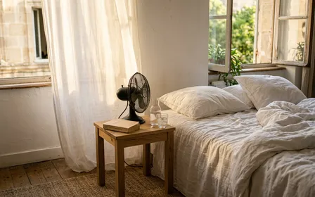 Chambre à coucher française avec lit défait dans une lumière chaude de canicule estivale et ventilateur en arrière-plan flou