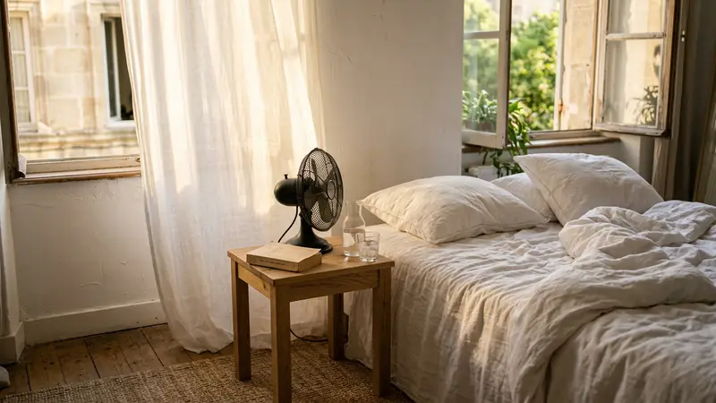 Chambre à coucher française avec lit défait dans une lumière chaude de canicule estivale et ventilateur en arrière-plan flou