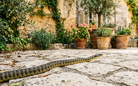Couleuvre verte et jaune se faufilant doucement sur une terrasse en pierre d'une maison française du sud en pleine canicule estivale ensoleillée