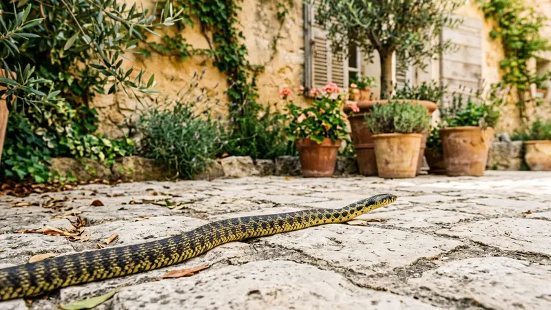 Couleuvre verte et jaune se faufilant doucement sur une terrasse en pierre d'une maison française du sud en pleine canicule estivale ensoleillée