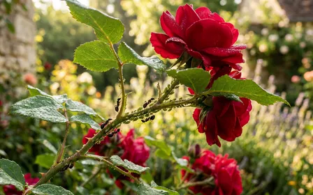 Rosier français en pleine floraison avec roses rouges et pucerons visibles sur les tiges accompagnés de fourmis noires Lasius niger gardiennes dans la lumière du matin