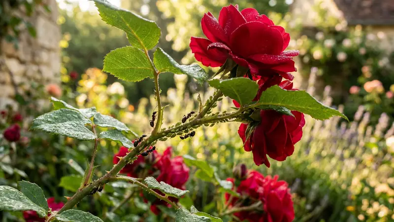 Rosier français en pleine floraison avec roses rouges et pucerons visibles sur les tiges accompagnés de fourmis noires Lasius niger gardiennes dans la lumière du matin