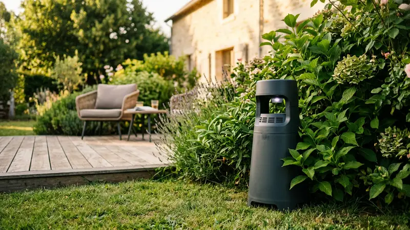 Borne anti-moustiques discrète en plastique sombre installée dans un jardin résidentiel français verdoyant en pleine journée d'été ensoleillée
