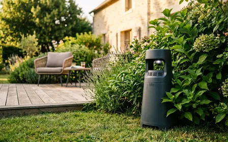 Borne anti-moustiques discrète en plastique sombre installée dans un jardin résidentiel français verdoyant en pleine journée d'été ensoleillée