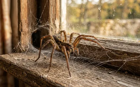 Araignée des maisons Tegenaria sur le rebord d'une fenêtre en bois ancien avec sa toile, lumière chaude d'après-midi