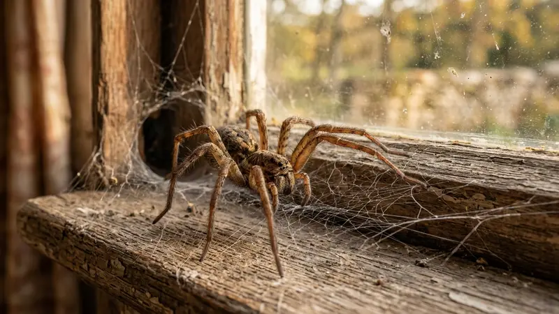 Araignée des maisons Tegenaria sur le rebord d'une fenêtre en bois ancien avec sa toile, lumière chaude d'après-midi