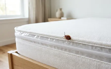Matelas blanc enveloppé dans une housse anti-punaises zippée transparente, gros plan macro d'une punaise sur la couture