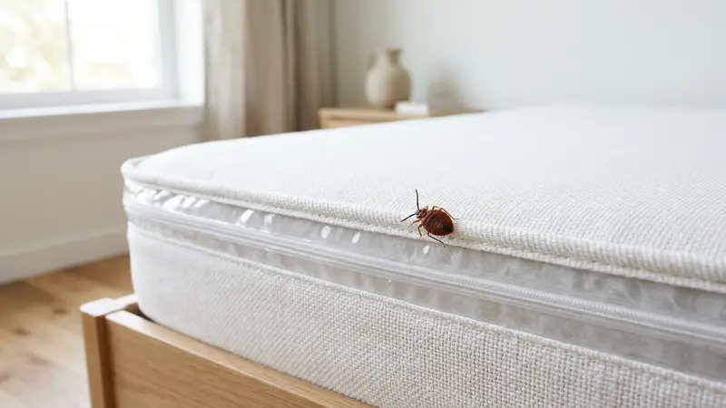 Matelas blanc enveloppé dans une housse anti-punaises zippée transparente, gros plan macro d'une punaise sur la couture