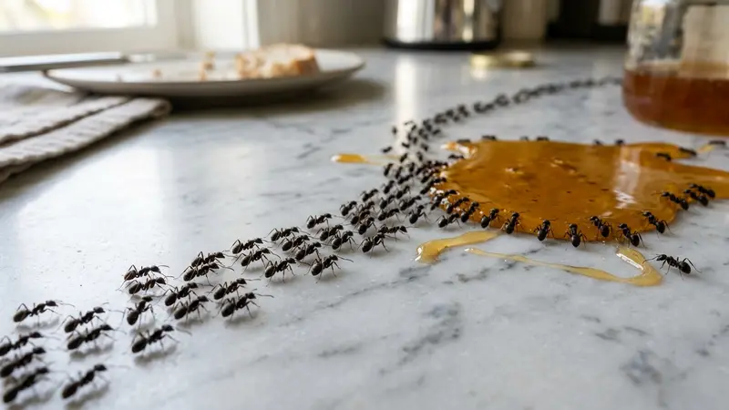 Colonne de fourmis noires des jardins se dirigeant vers une assiette de miel renversé sur un plan de travail de cuisine en marbre clair