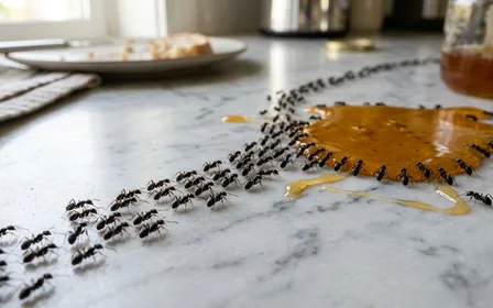Colonne de fourmis noires des jardins se dirigeant vers une assiette de miel renversé sur un plan de travail de cuisine en marbre clair