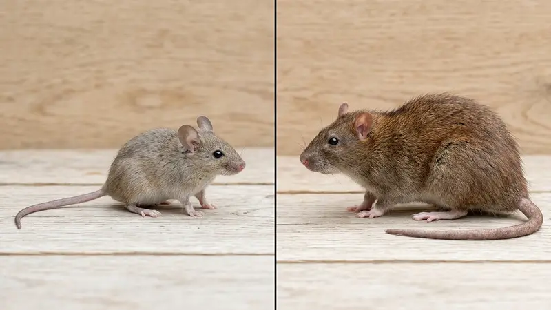 Comparaison côte à côte d'une souris domestique et d'un rat brun surmulot, vue de profil à échelle réelle sur planche en bois