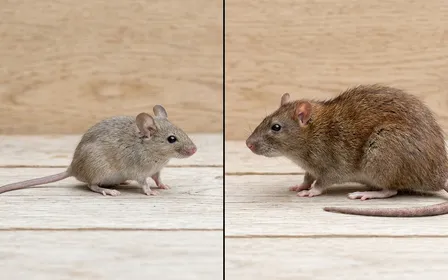 Comparaison côte à côte d'une souris domestique et d'un rat brun surmulot, vue de profil à échelle réelle sur planche en bois
