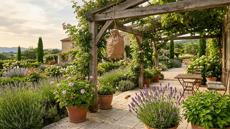 Sachet leurre anti-guêpes en papier kraft suspendu à une pergola, pots de géraniums, lavande et mélisse au premier plan dans un jardin ensoleillé