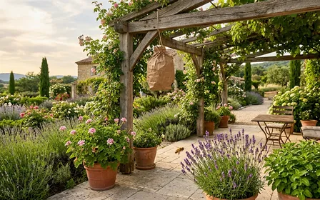 Sachet leurre anti-guêpes en papier kraft suspendu à une pergola, pots de géraniums, lavande et mélisse au premier plan dans un jardin ensoleillé
