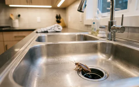 Cafard isolé sortant du siphon d'un évier inox immaculé dans une cuisine moderne propre, ambiance discrète du soir