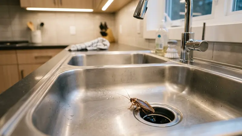 Cafard isolé sortant du siphon d'un évier inox immaculé dans une cuisine moderne propre, ambiance discrète du soir