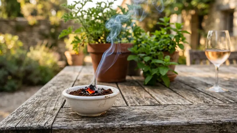 Coupelle en céramique posée sur une terrasse de soir d'été avec un peu de café moulu en train de fumer, plantes de citronnelle et menthe en arrière-plan