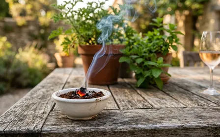 Coupelle en céramique posée sur une terrasse de soir d'été avec un peu de café moulu en train de fumer, plantes de citronnelle et menthe en arrière-plan