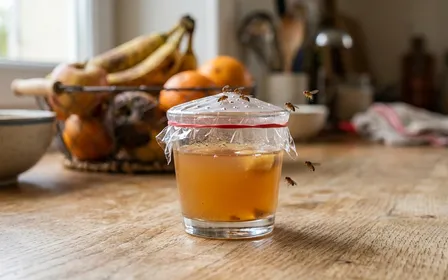 Verre transparent rempli de vinaigre de cidre recouvert d'un film plastique troué posé sur un plan de travail de cuisine ensoleillé près d'une corbeille de fruits mûrs
