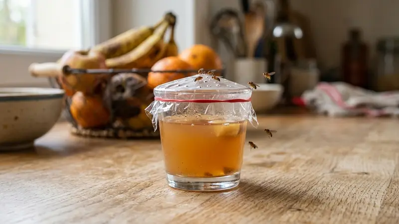 Verre transparent rempli de vinaigre de cidre recouvert d'un film plastique troué posé sur un plan de travail de cuisine ensoleillé près d'une corbeille de fruits mûrs