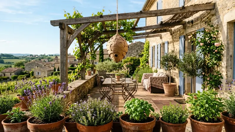 Terrasse de maison française avec un faux nid décoratif suspendu sous une pergola en bois, pots de lavande et menthe au premier plan, ambiance ensoleillée de fin de printemps