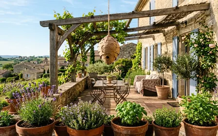 Terrasse de maison française avec un faux nid décoratif suspendu sous une pergola en bois, pots de lavande et menthe au premier plan, ambiance ensoleillée de fin de printemps