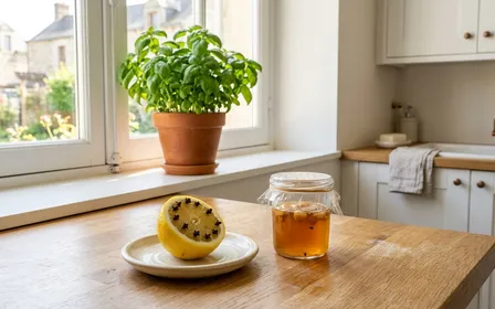 Cuisine française lumineuse avec un pot de basilic frais sur le rebord de la fenêtre, un demi-citron piqué de clous de girofle sur le plan de travail et un petit verre de piège vinaigre à côté